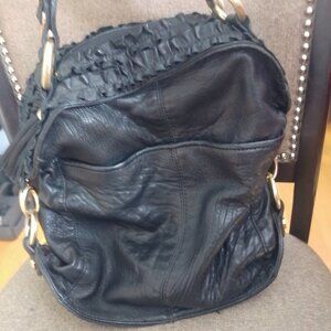 Bill Blass Black Leather w/Ruffled Trim Handbag/Purse